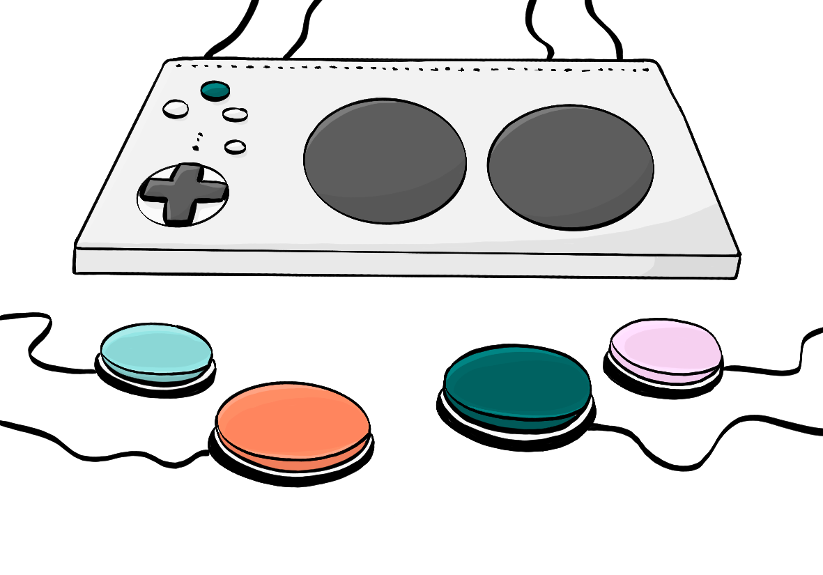Ein Controller für eine Spiel-Konsole. An dem Controller sind zusätzliche große Buttons in verschiedenen Farben. 