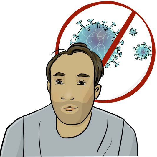 Ein Mann. Hinter dem Mann ist ein Kreis mit einem rot durchgestrichenen Corona-Virus.