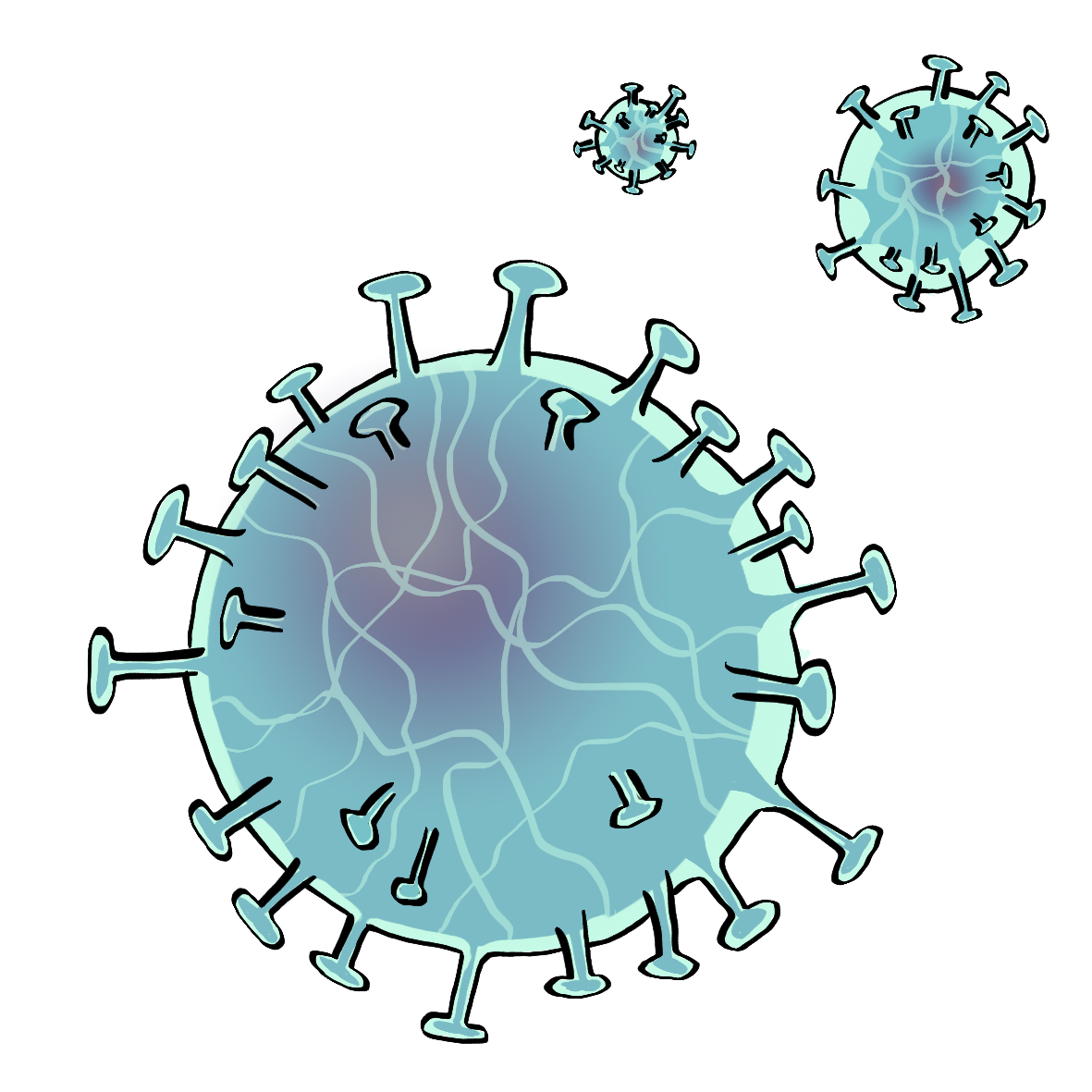 Bild von Corona-Viren. Sie sehen aus wie hellblaue Kugeln mit Stacheln.