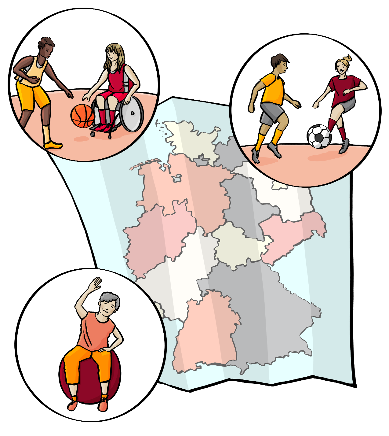 Eine Deutschlandkarte mit drei Kreisen. Im ersten Kreis ist ein Bild von einem Mann und einer Frau im Rollstuhl. Sie spielen Basketball. Im zweiten Kreis spielen eine Frau und ein Mann Fußball. Im dritten Kreis macht eine ältere Frau eine Übung auf einem Gymnastikball.