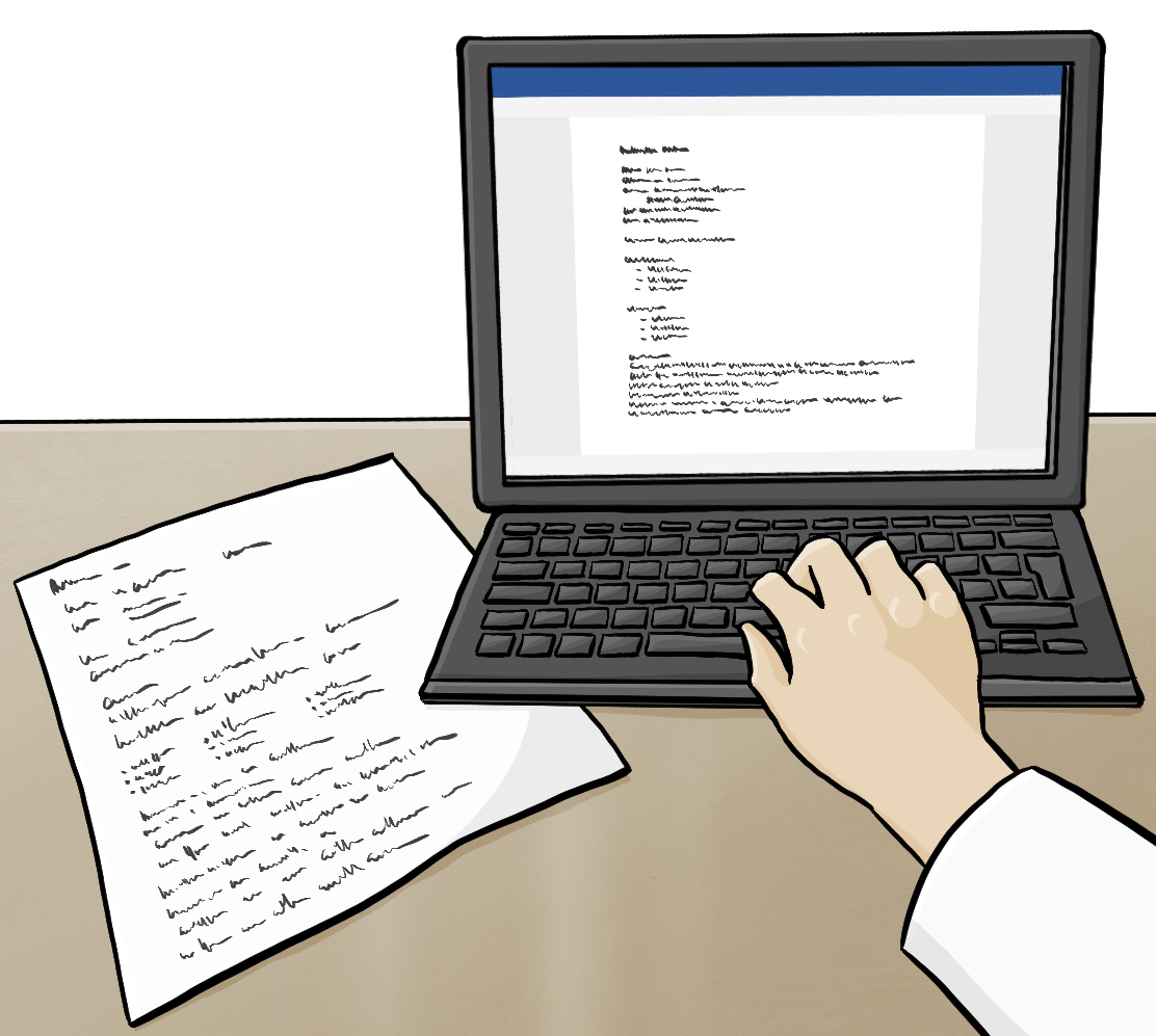 Eine Hand tippt Text in einen Laptop ein. Neben dem Laptop liegt ein Zettel mit Text. 