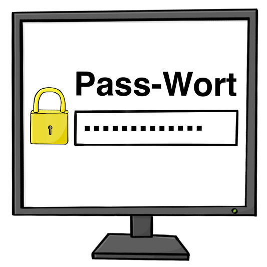 Ein Computer-Bildschirm. Auf dem Bildschirm steht: Passwort. Darunter ist ein Vorhängeschloss und ein Eingabefeld. Im Eingabefeld ist eine Reihe von Punkten. 