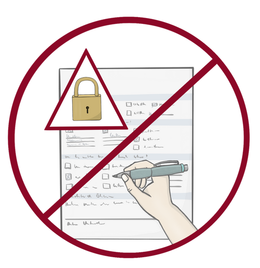 Eine Hand füllt ein Formular aus. Am oberen Rand des Formulars ist ein rotes Warndreieck mit einem Vorhängeschloss. Das Bild ist durchgestrichen.