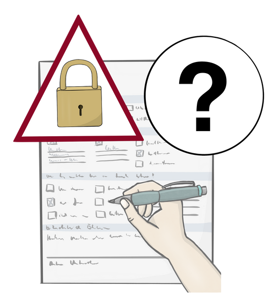 Eine Hand füllt ein Formular aus. Am oberen Rand des Formulars ist ein rotes Warndreieck mit einem Vorhängeschloss. Daneben ist ein Kreis mit einem Fragezeichen.