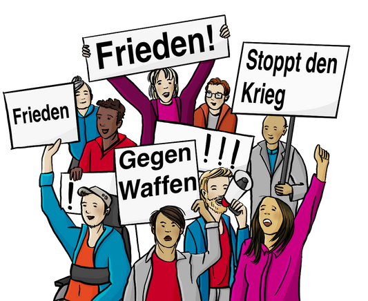 Verschiedene Menschen machen eine Demonstration. Sie halten Schilder hoch. Auf den Schildern steht: Frieden. Gegen Waffen. Und: Stoppt den Krieg.