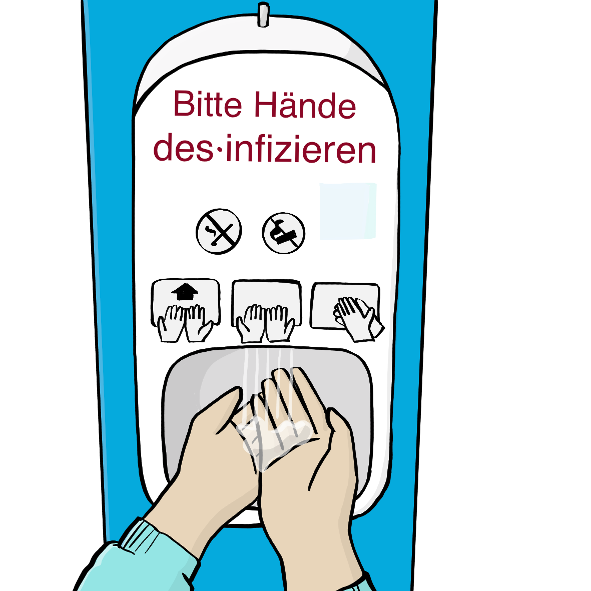 Ein Desinfektions-Spender mit der Aufschrift: Bitte Hände des·infizieren. Jemand hält die Hände in den Desinfektions-Spender. Man sieht nur die Hände. Auf den Händen ist Desinfektions-Mittel. 