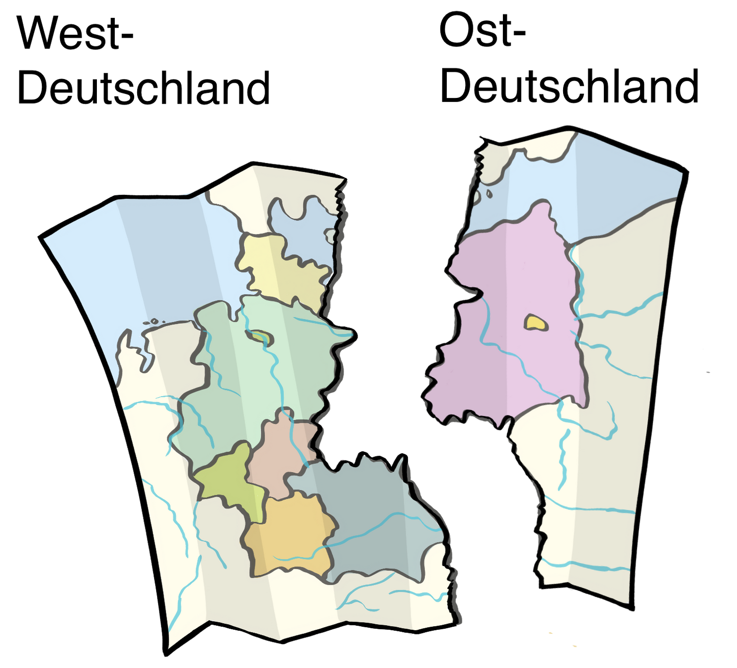 Eine Deutschlandkarte. Die Karte ist in zwei Teile zerrissen. Über dem linken Teil steht: West-Deutschland. Über dem rechten Teil steht: Ost-Deutschland.