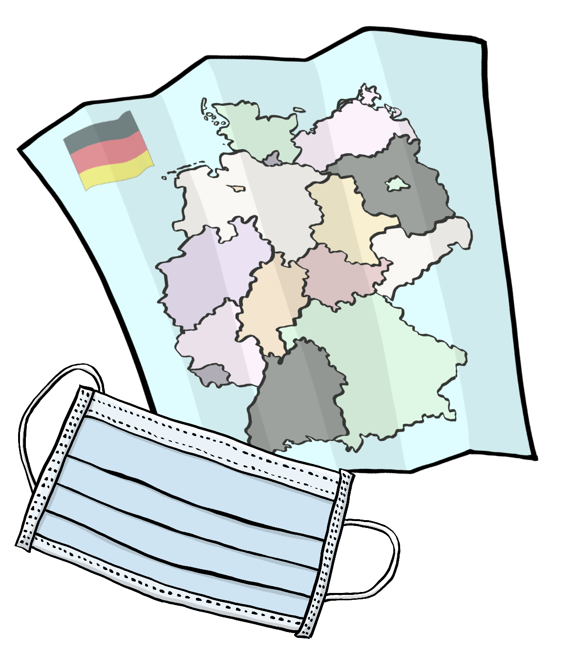 Eine Deutschlandkarte. Auf der Karte liegt ein medizinischer Mundschutz. 