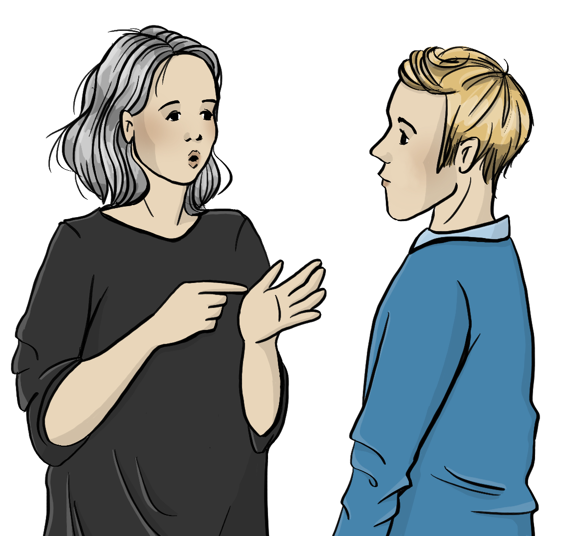 Ein Mann und eine Frau stehen sich gegenüber. Die Frau zeigt mit dem rechten Zeigefinger auf die linke Hand und formt mit dem Mund ein o. 