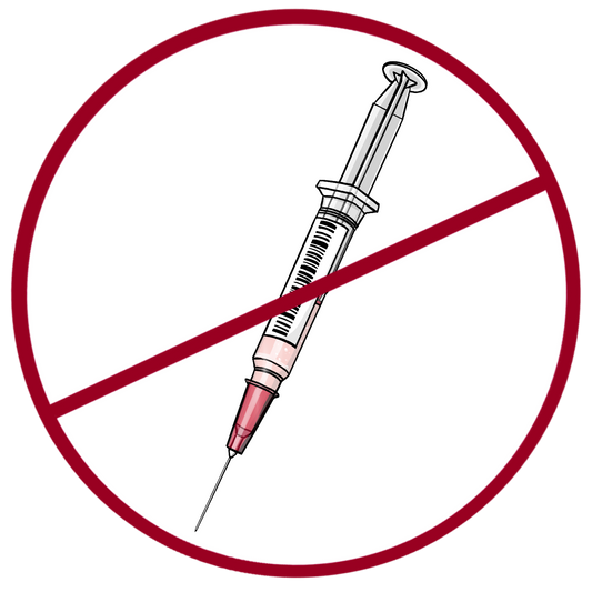 Eine Spritze mit Blut. Das Bild ist rot durchgestrichen.