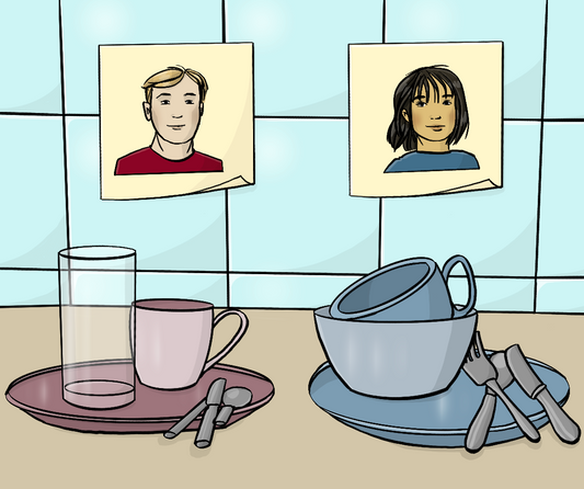 Zwei Stapel mit Geschirr. Über dem einen Stapel hängt ein Klebe-Zettel mit dem Bild von einem Mann. Über dem anderen Stapel hängt ein Klebe-Zettel mit dem Bild von einer Frau.