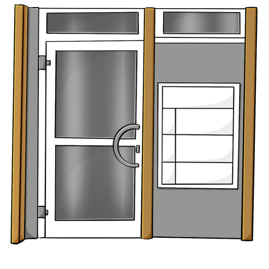 Eine Eingangstür mit großen Glasscheiben. Neben der Tür an der Wand hängen drei weiße Briefkästen.