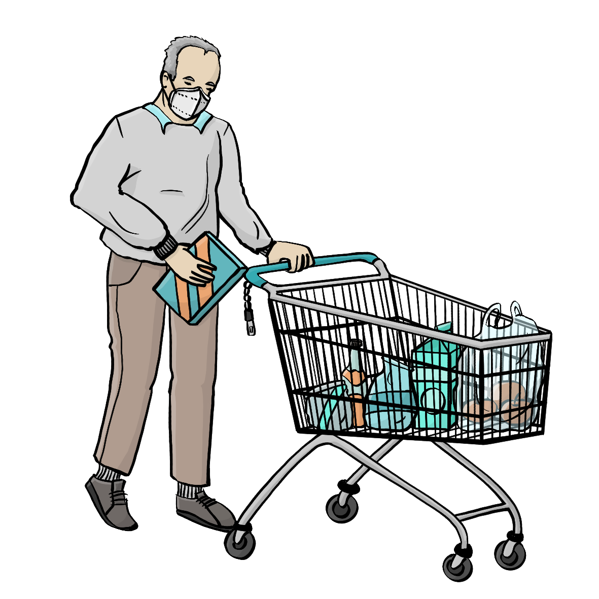 Ein Mann mit einer ffp2 Maske legt eine Schachtel in einen Einkaufswagen.
