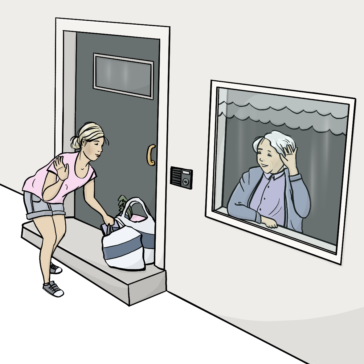 Eine Frau stellt Einkaufstüten vor eine Tür. Eine ältere Frau winkt durch das Fenster.