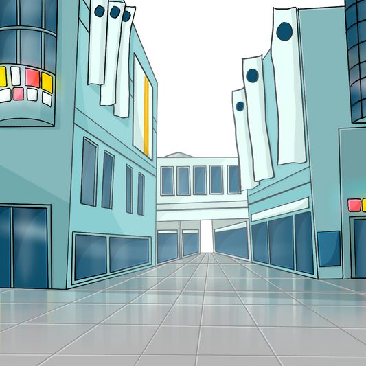 Ein gepflasterter Weg. Links und rechts stehen hohe Gebäude mit großen Fenstern und Schildern.