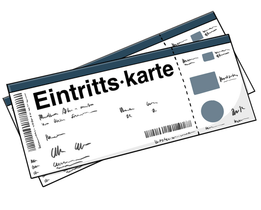 Zwei längliche Karten mit der Aufschrift: Eintrittskarte. Das Wort ist mit einem Mediopunkt getrennt.