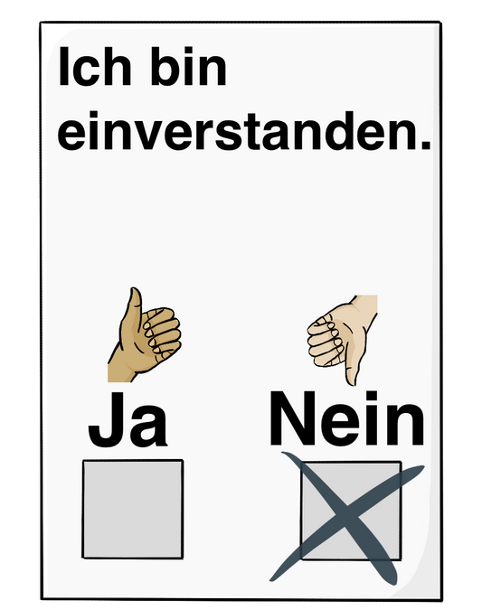 Ein Blatt mit der Aufschrift: Ich bin einverstanden. Unten auf dem Blatt sind Kästchen zum Ankreuzen. Über dem linken Kästchen ist das Wort Ja und eine Hand mit nach oben zeigendem Daumen. Über dem Rechten Kästchen ist das Wort Nein und eine Hand mit nach unten zeigendem Daumen. Das rechte Kästchen ist angekreuzt.