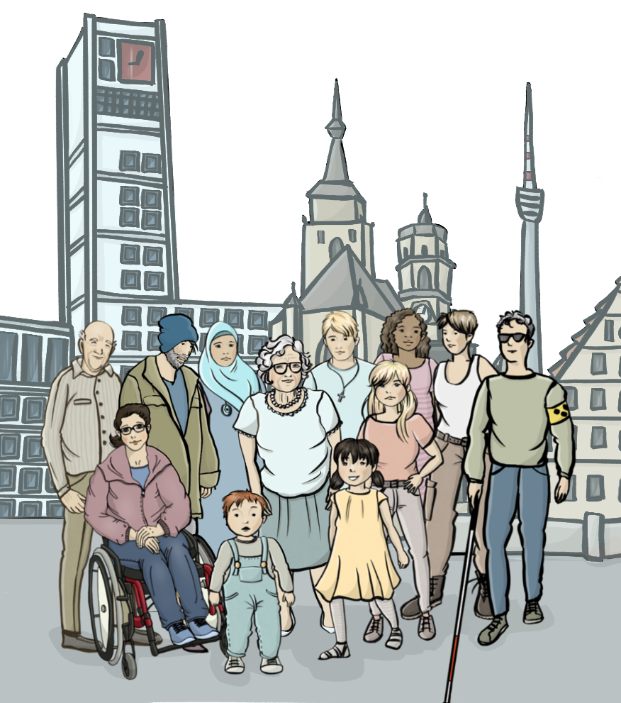 Eine Gruppe mit alten und jungen Menschen. Sind Menschen mit verschiedenen Hautfarben, Menschen mit und ohne Behinderung. Im Hintergrund ist eine Stadt.