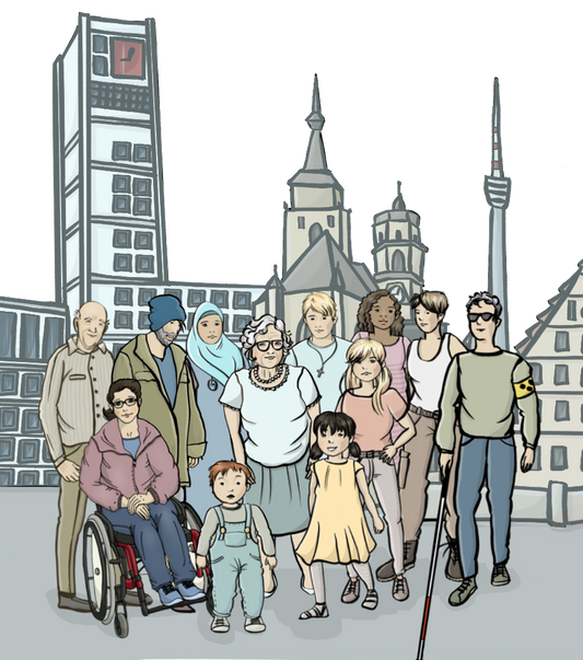 Eine Gruppe mit alten und jungen Menschen. Sind Menschen mit verschiedenen Hautfarben, Menschen mit und ohne Behinderung. Im Hintergrund ist eine Stadt.