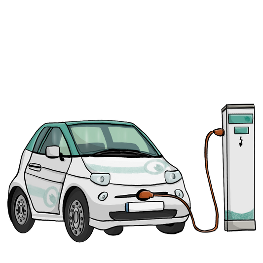 Ein Elektroauto ist durch ein Kabel mit einer Ladestation verbunden.