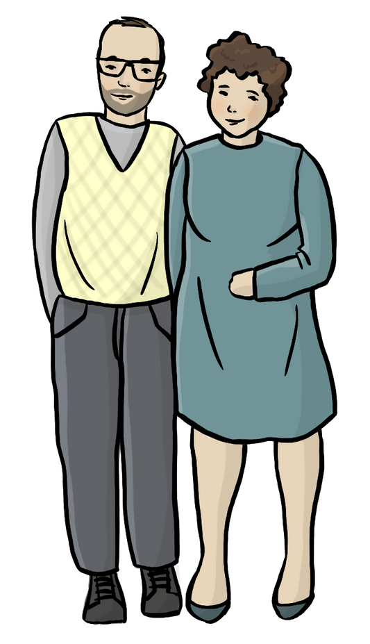 Ein Mann im mittleren Alter steht dicht neben einer Frau im mittleren Alter. 