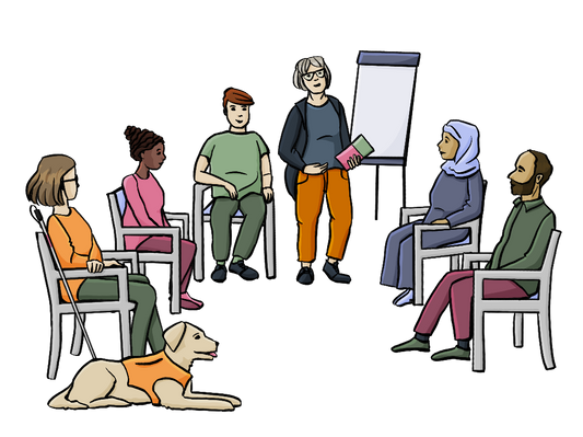 Leichte Sprache Bild: Elternabend_4 Freigestelltes PNG. ca. 10x1Mehrere Menschen mit verschiedenen Hautfarben sitzen im Stuhlkreis. Neben einem Stuhl liegt ein Blinden-Führhund. In der Mitte steht eine Frau neben einer Flipchart. Sie hält ein Infoheft in der Hand.
