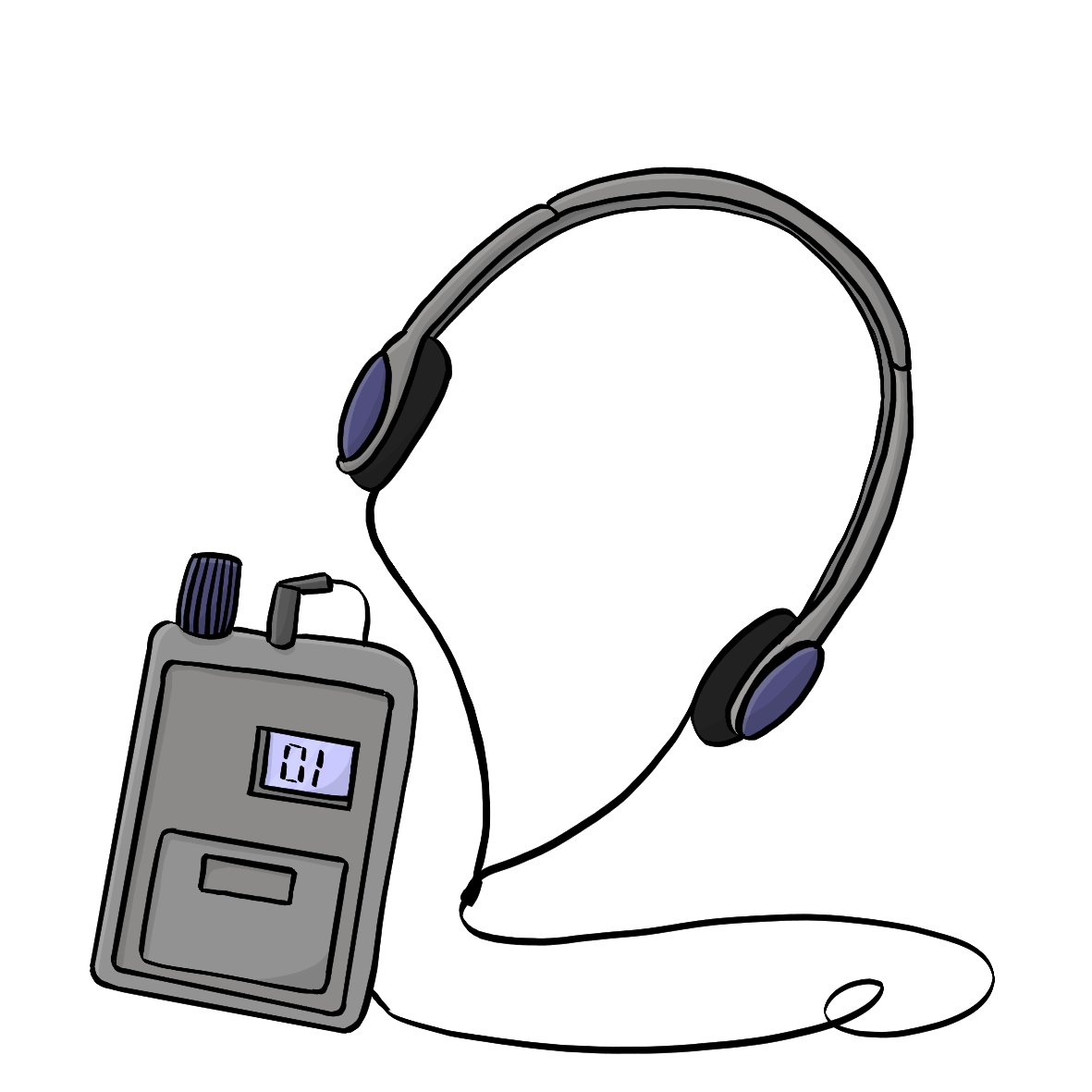 Ein Empfängergerät einer Personenführanlage. Ein Kopfhörer ist in das Gerät eingestöpselt.