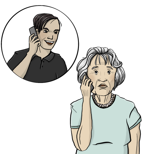 Eine ältere Frau telefoniert und guckt erschreckt. Neben ihrem Kopf ist ein Kreis. Im Kreis ist ein telefonierender junger Mann. Er guckt fies.