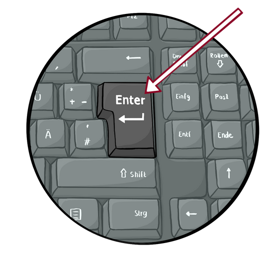 Ein Kreis mit dem Ausschnitt einer Computer-Tastatur. Ein Pfeil zeigt auf die Enter-Taste. 