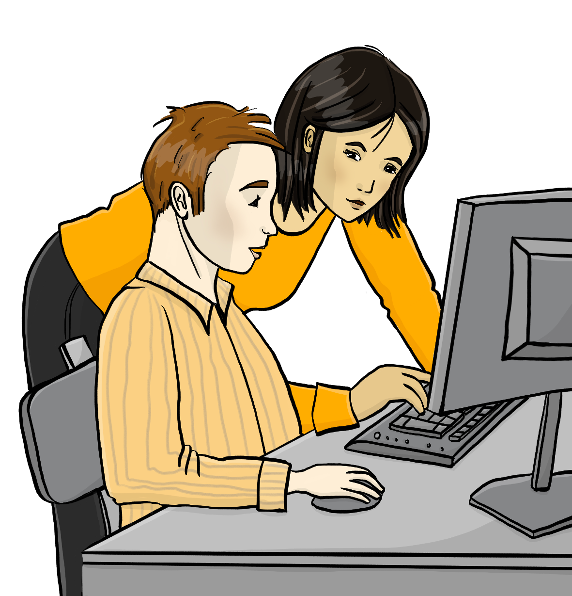 Ein Mann sitzt an einem Schreibtisch vor einem Computer. Eine Frau steht daneben und beugt sich zu dem Mann herunter. Sie zeigt auf den Bildschirm.