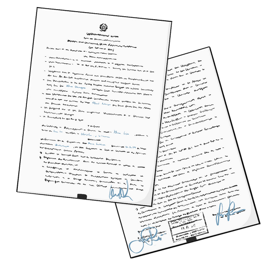 Zwei DinA4 Blätter sind eng mit Text beschrieben. Untern auf den Blättern sind Stempel und Unterschriften.