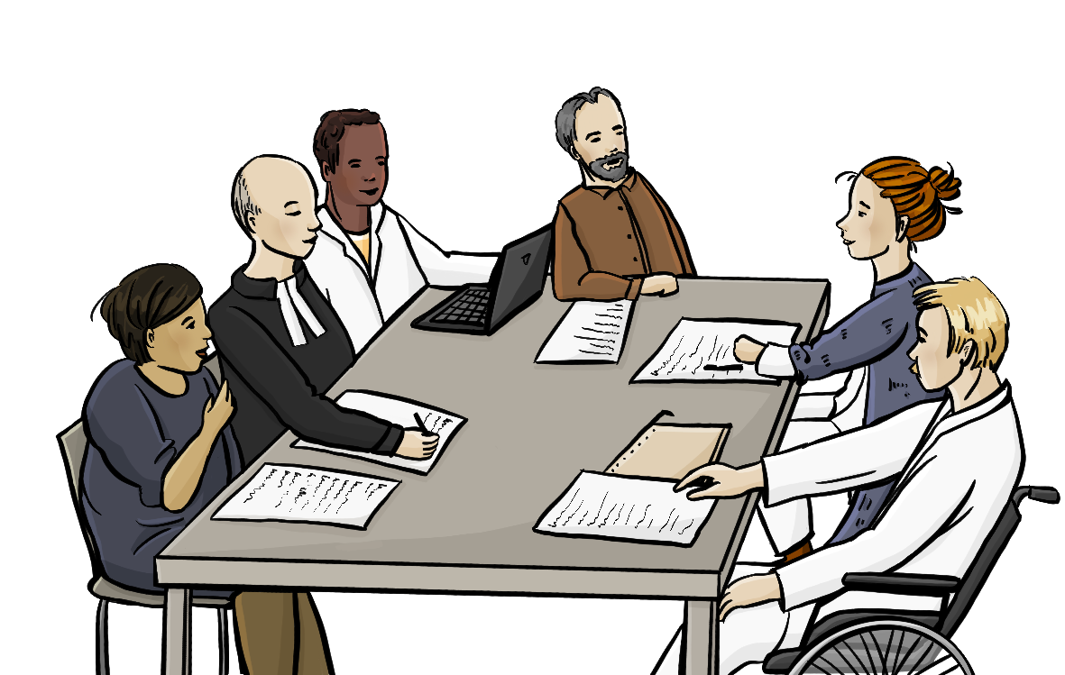 Eine Gruppe Menschen sitzt um einen Tisch. Auf dem Tisch liegen Papiere. Es sind Ärzte dabei und ein Pfarrer. 