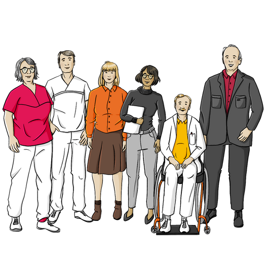 Eine Gruppe Menschen steht nebeneinander. Einige Tragen Pfleger-Kleidung, eine Person trägt einen Arztkittel. Die anderen tragen etwas förmlichere Kleidung. Eine Frau hält Papiere unter dem Arm.