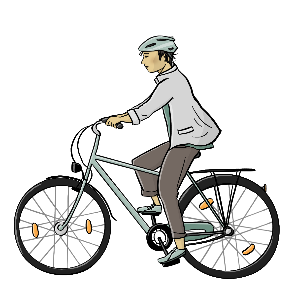 Eine Mann fährt auf einem Fahrrad. Er trägt einen Helm. 