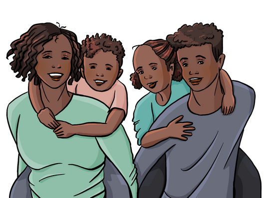 Eine Frau mit einem kleinen Jungen auf dem Rücken und ein Mann mit einem kleinen Mädchen auf dem Rücken. Alle lachen.