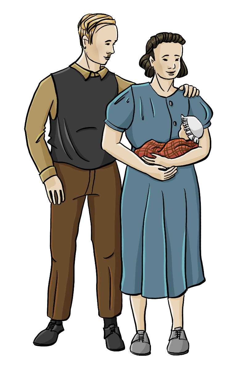 Ein Mann steht neben einer Frau mit einem Baby auf dem Arm. Der Mann hat den Arm um die Frau gelegt. Sie tragen Kleidung im Stil der 30er Jahre. 