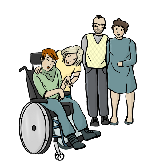 Eine Frau beugt sich zu einem jungen Mann im Rollstuhl. Im Hintergrund steht ein älteres Paar. 