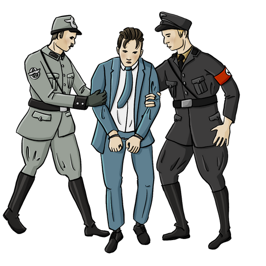 Ein Mann wird von zwei anderen Männern festgehalten. Einer trägt eine Polizeiuniform aus der NS-Zeit, der andere die Uniform der SS.
