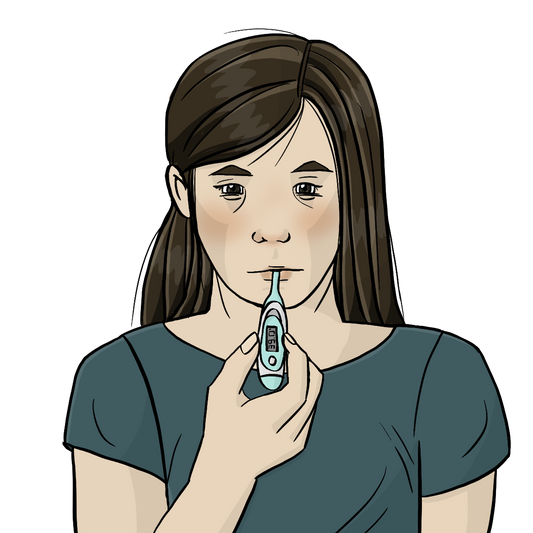 Eine Frau mit einem Fieberthermometer im Mund.