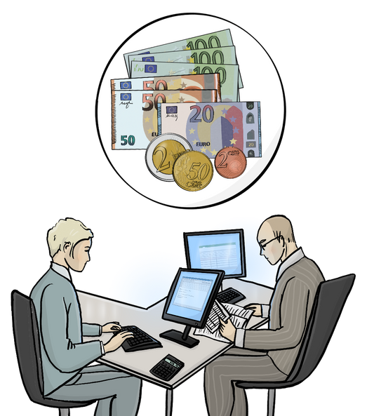 Zwei Männer sitzen gegenüber am Schreibtisch und arbeiten am Computer. Über dem Bild ist ein Kreis mit Geld.