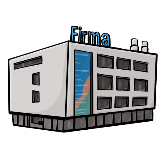 Ein großes eckiges Gebäude mit dem Schriftzug: Firma