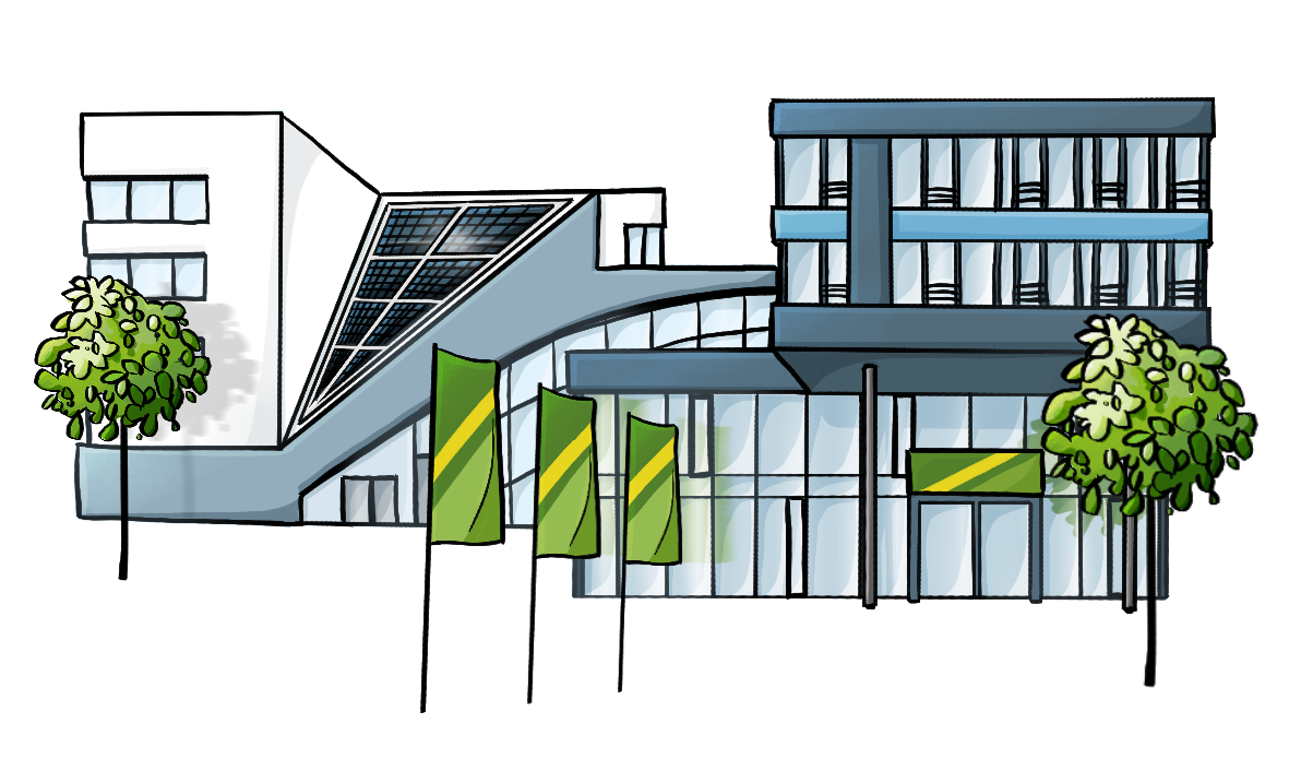 Ein modern aussehendes Gebäude mit vielen Glasflächen. Auf dem Dach ist eine Solar-Anlage. Vor dem Gebäude stehen Bäume und grüne Flaggen.