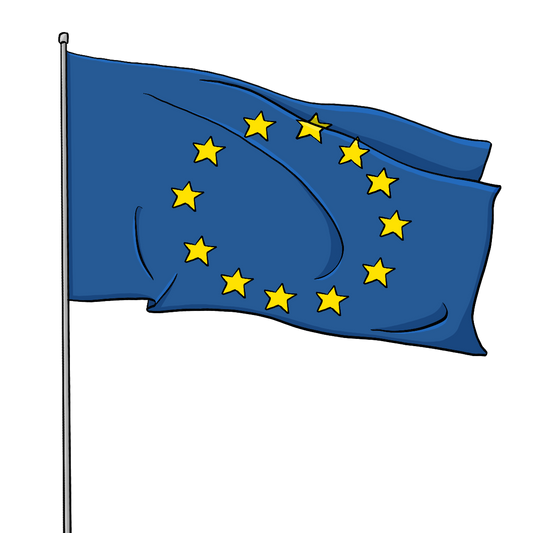 Eine blaue Flagge mit kreisförmig angeordneten gelben Sternen. 