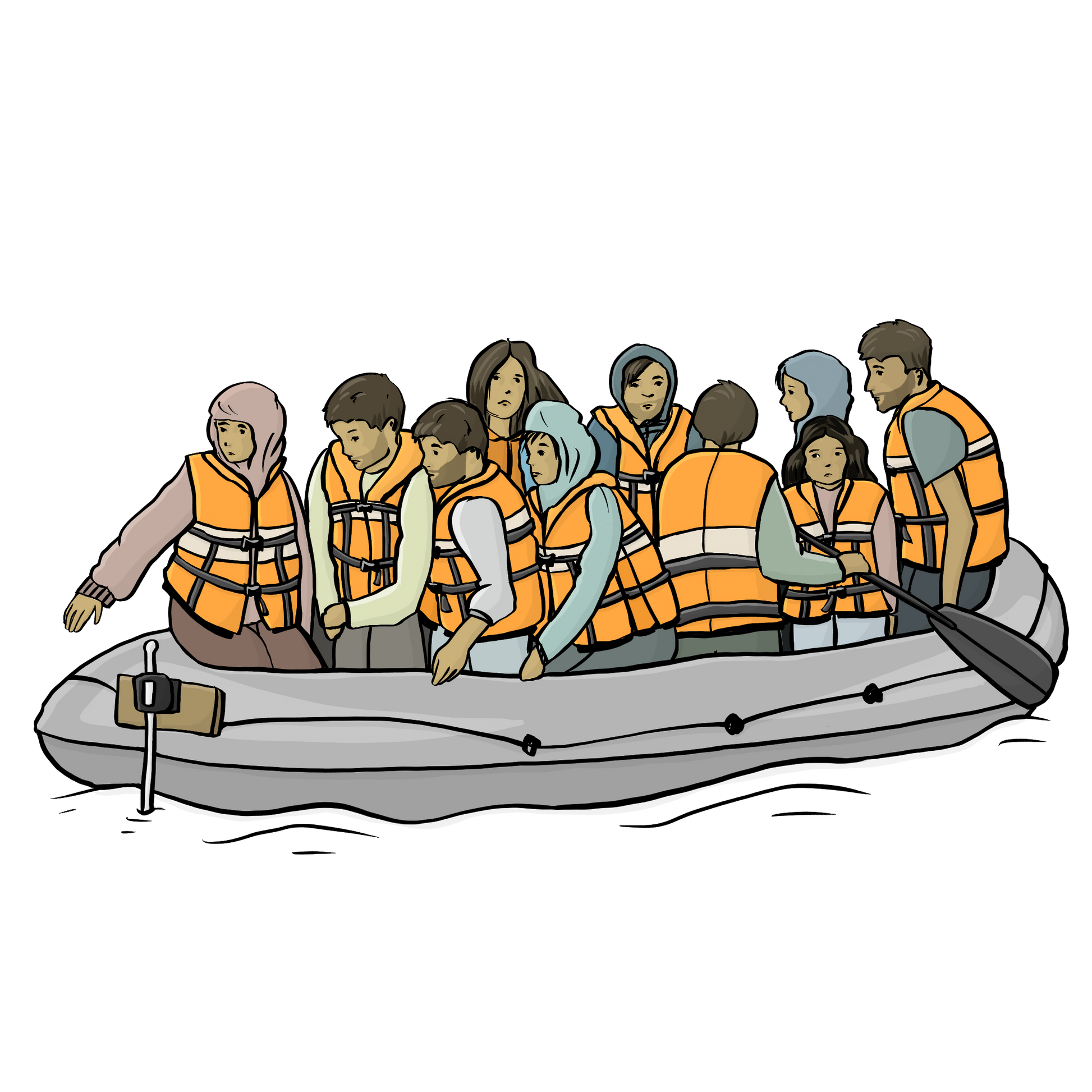 Viele Menschen mit Rettungs-Westen sitzen in einem Schlauchboot.
