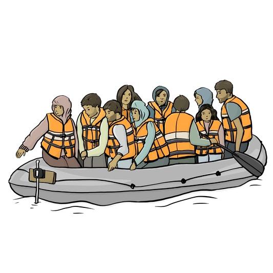 Viele Menschen mit Rettungs-Westen sitzen in einem Schlauchboot.