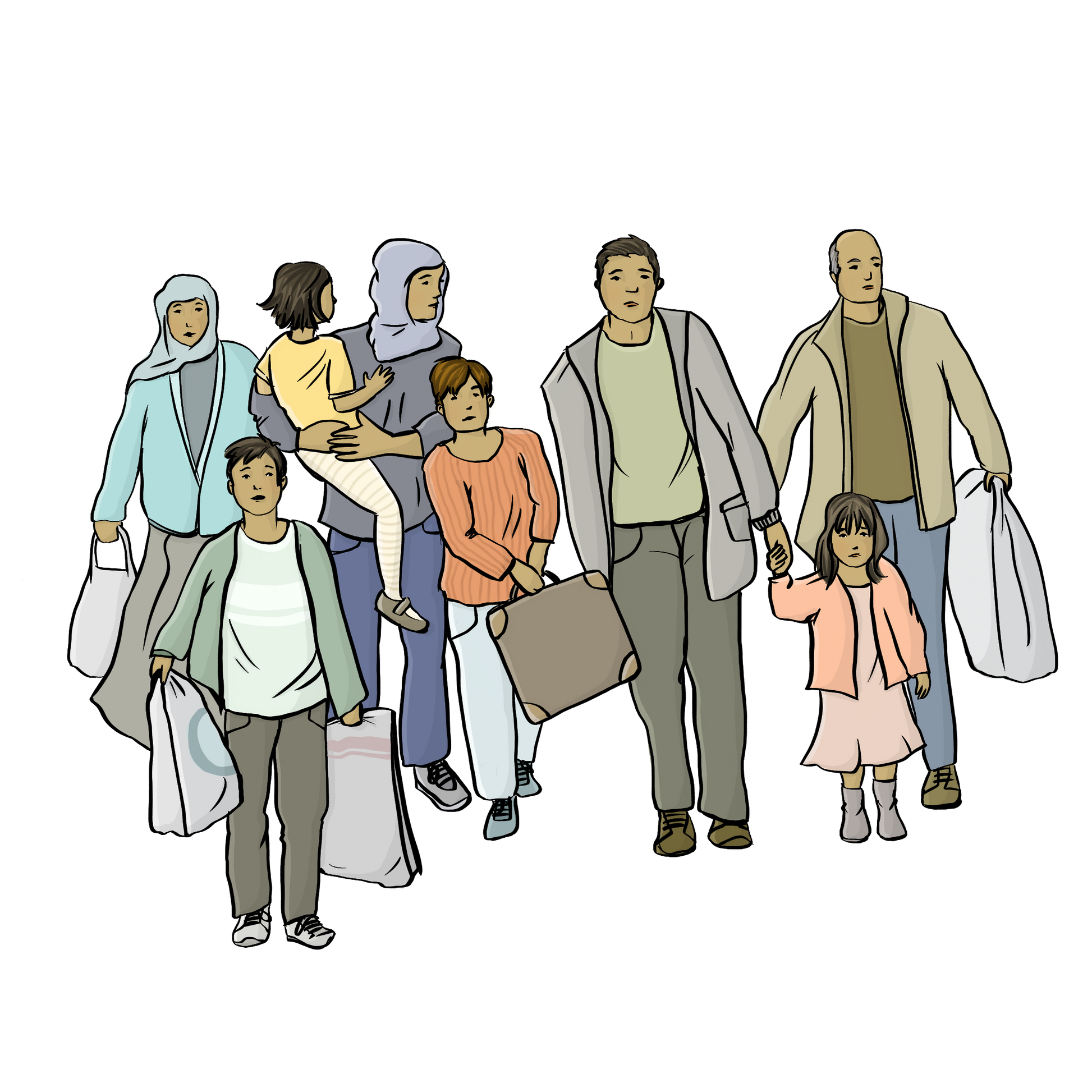 Eine Gruppe laufende Menschen. Es sind ältere Menschen dabei und Eltern mit Kindern. Alle tragen Taschen und Tüten.