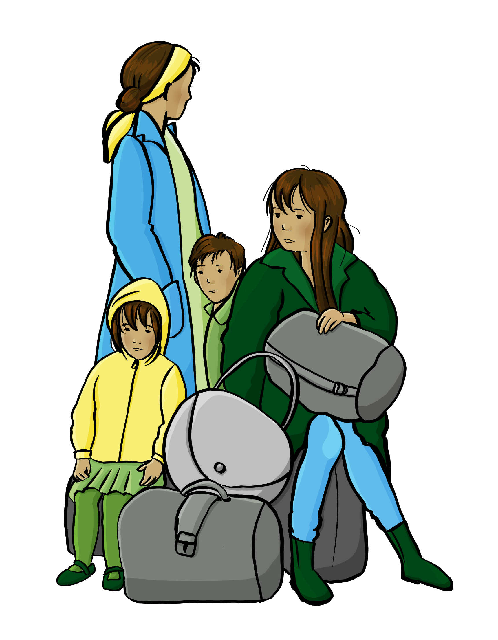 Eine Mutter mit drei Kindern. Sie sitzen auf Gepäck.