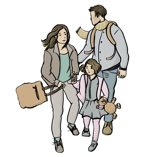 Ein Mann, eine Frau und ein Mädchen laufen davon. Der Mann sieht sich nach hinten um. Sie tragen Taschen und ein Kuscheltier.