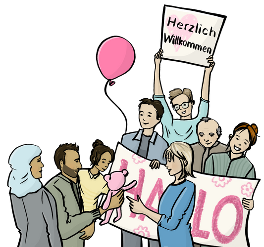Eine Gruppe Menschen begrüßt Eltern mit einer kleinen Tochter. Die Menschen halten Schilder und Luftballons. Auf den Schildern steht: Herzlich willkommen. Hallo. Eine Frau gibt dem Mädchen einen Teddy-Bären.