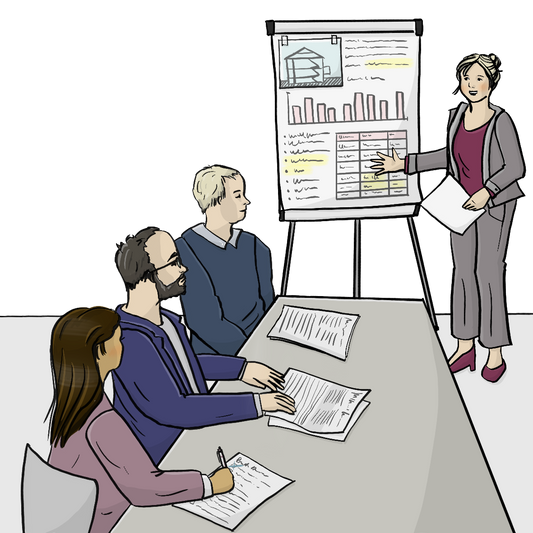 Drei Menschen sitzen an einem Tisch. Auf dem Tisch liegen Papiere. Eine Frau steht neben einer Flipchart und zeigt auf Abbildungen auf der Flipchart.